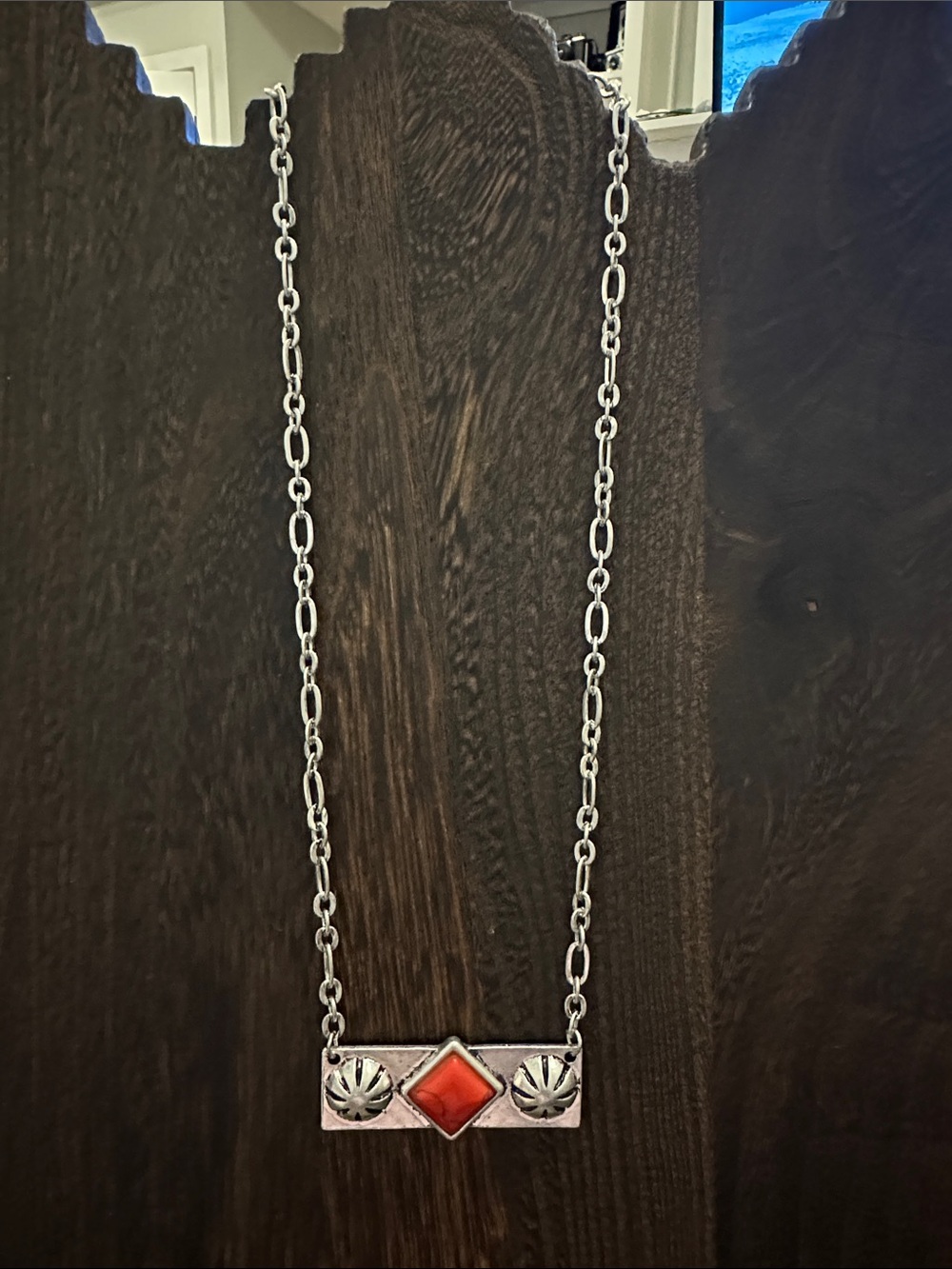 Sterling-Style Silver Necklace with Red Stone Pendant